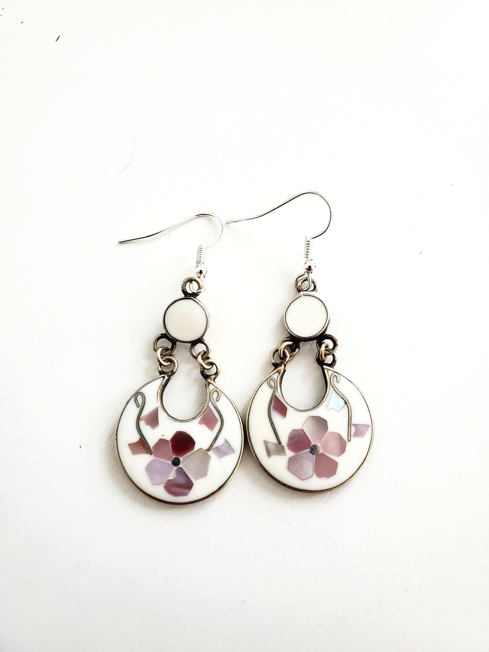 Alpaca Silver Mexico Inlay Mother of Pearl Floral Crescent Drop Earrings